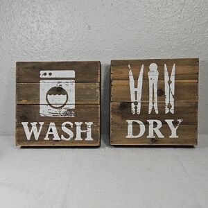 Set of 2 Hobby Lobby rustic wooden laundry room Wash and Dry signs 7"x7"